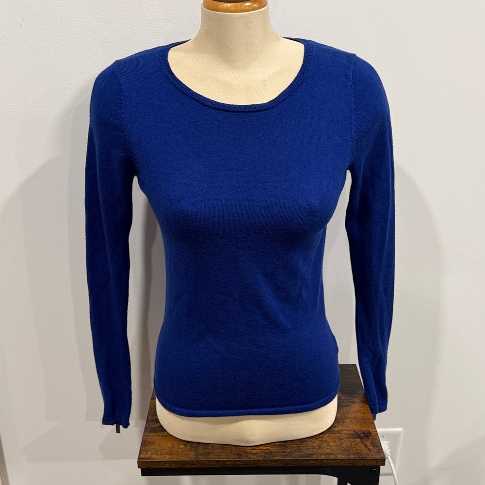 Tahari Electric Blue Extra Fine Merino Wool Crewneck Sweater with Zippers